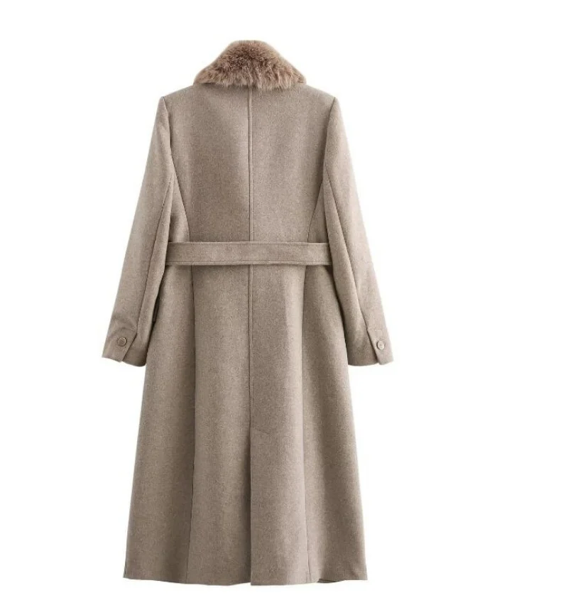 Women's Belt Warm Fur Collar Coat Flip Collar Pocket Button Decoration Autumn/Winter New Women's Wear