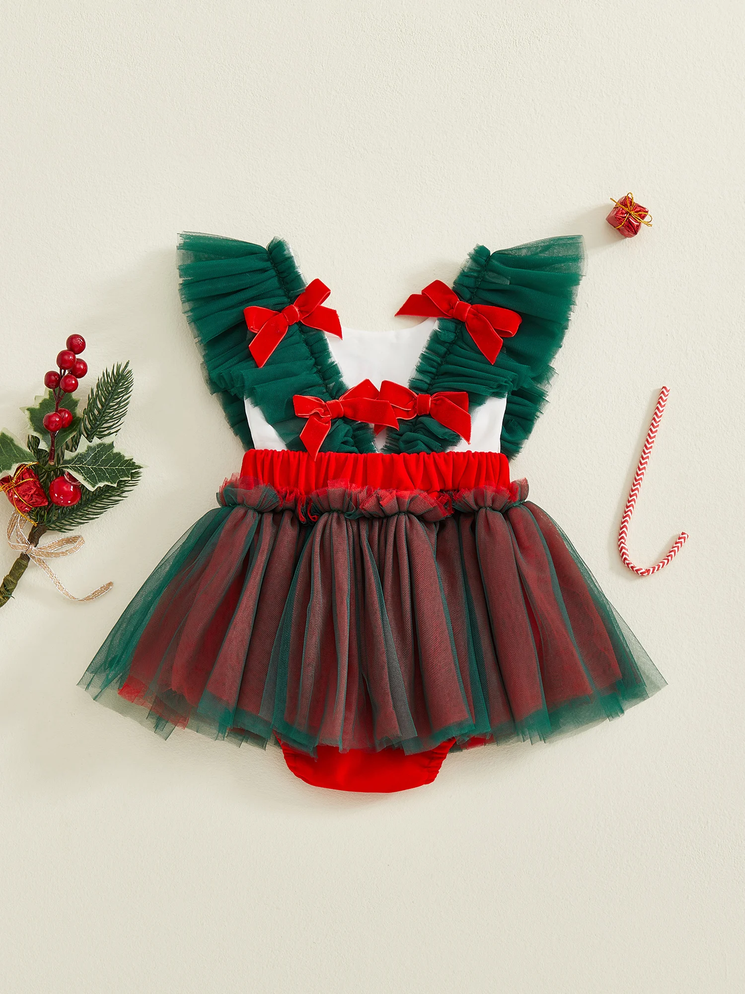 

Toddler Christmas Romper Dress with Festive Candy Cane Embroidery and Flutter Sleeves - Adorable Holiday Outfit for Baby Girl