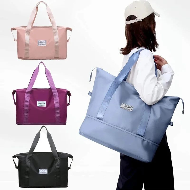 Women's Travel Tote Folding Waterproof Travel Bag Extendable Large Capacity Storage Handbag Dry and Wet Separation Fitness Bag