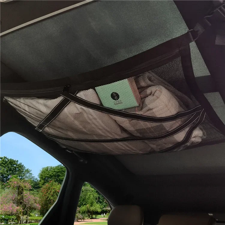 Travel Reflective Double Layer Zipper Adjustable Universal Interior Car Ceiling Roof Organizer Mesh Storage Net