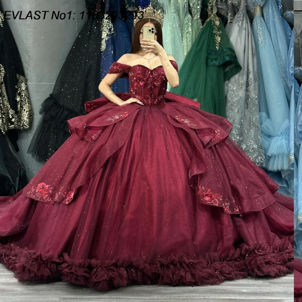 EVLAST Customized Glitter Burgundy Ball Gown Quinceanera Dress Lace Applique Beading Tiered Sweet 16 Vestidos De 15 Anos E1QN76