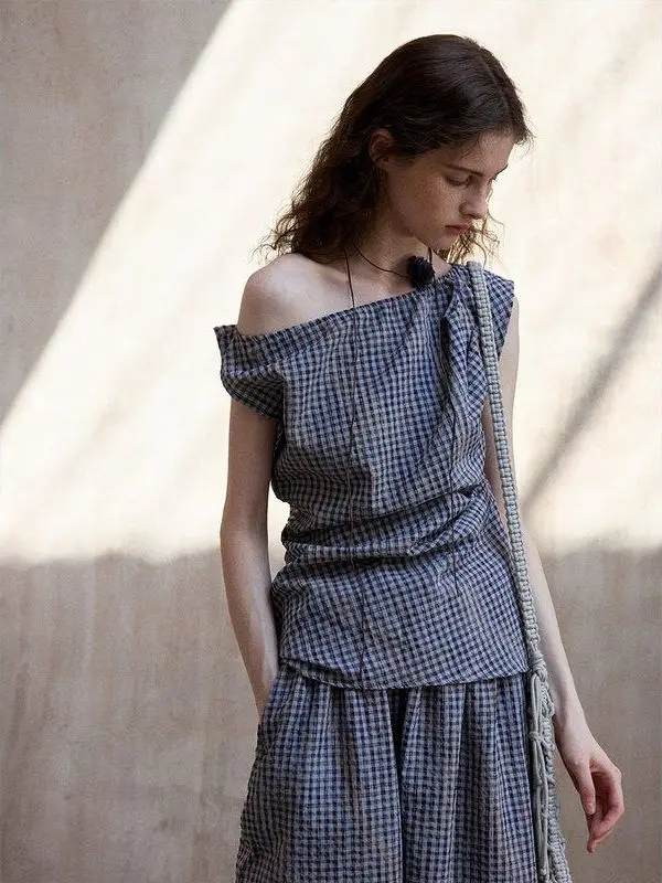 

Original Design Hello September Asymmetric oulder Bubble Pattern Top Korean Sle Commute idded Pattern Women's Blouse