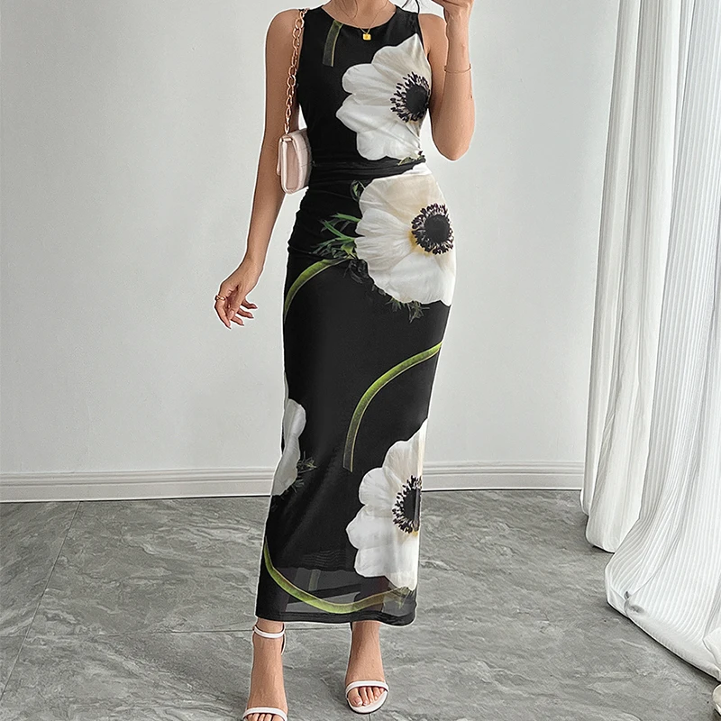Elegant Lady Floral Printed Long Tank Dress 2025 Summer New Thin Black Mesh O-Neck Dress Sexy Skinny Hip Wrapping Slim Vestidos