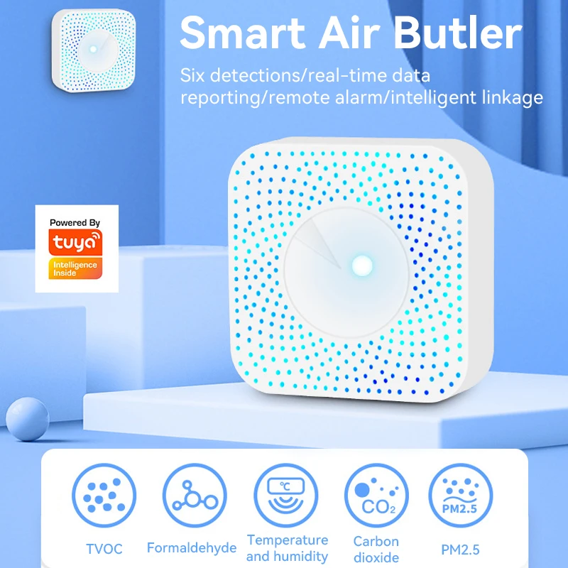 Tuya Smart Home WiFi Smart Air Box Sensor Kebocoran Gas Alarm Pengaman VOC CO2 HCHO PM2.5 Monitor Kualitas Udara untuk Alexa