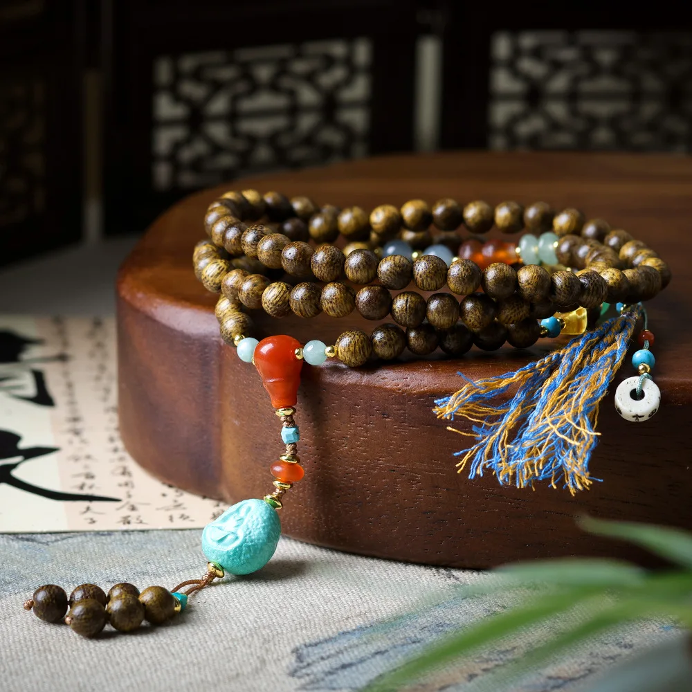 

Premium Hand-Stranded Brunei Agarwood Autumn/Winter Sweater Chain Magnesite Turquoise Formless Buddha Chinese-Style Necklace