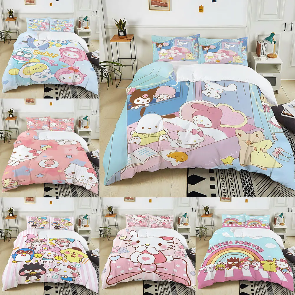 

Cute Sanrio Friends Print Bedding Sets Hello Kitty Melody Cinnamoroll Bed Cover Duvet Cover Pillow Case 2-3 Pieces Sets