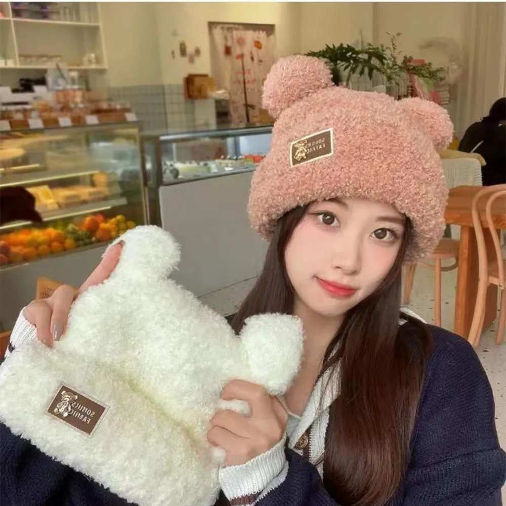 Plush Hat Autumn Winter Women Beanie Caps Warm Cute Bear Ear Hat Casual Couple Knitted Plush Soft Warm Beanies Hats Present 2024