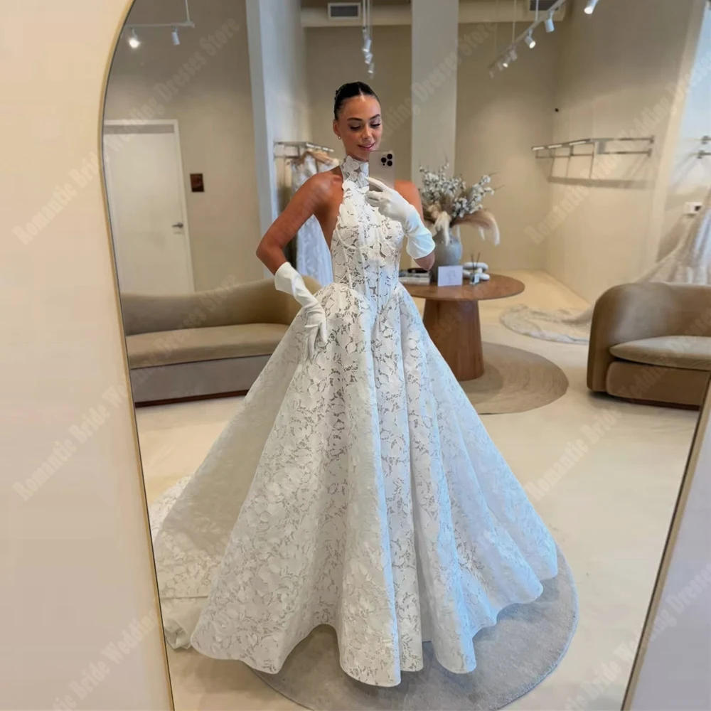Halter Collar Women Wedding Dresses A-Line Bride Gown Princess Party Mopping Length Vestidos De Novias Without Gloves Customized