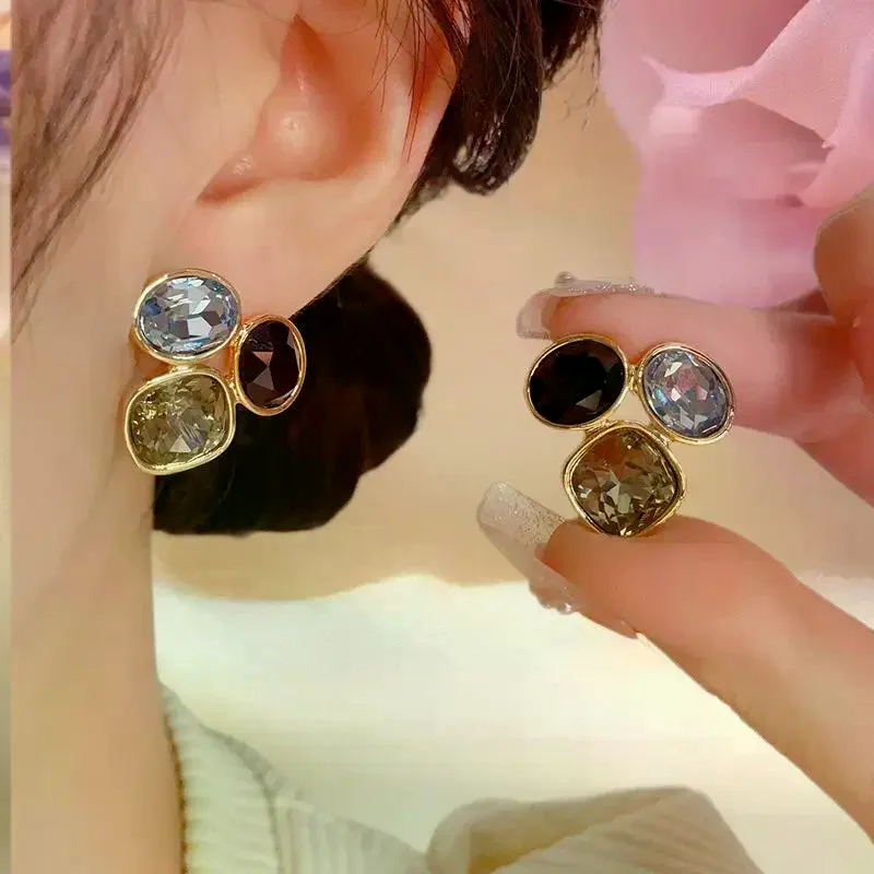 1Pair Square Oval Rhinestone Geometric Stud Earrings For Women Medieval Vintage Light Luxury Simple Jewelry