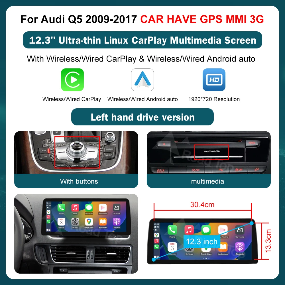 RoadTop 12,3 inch draadloze CarPlay multimedia ultradunne scherm Android Auto voor Audi Q5 2009-2017 Airplay Autolink-functie