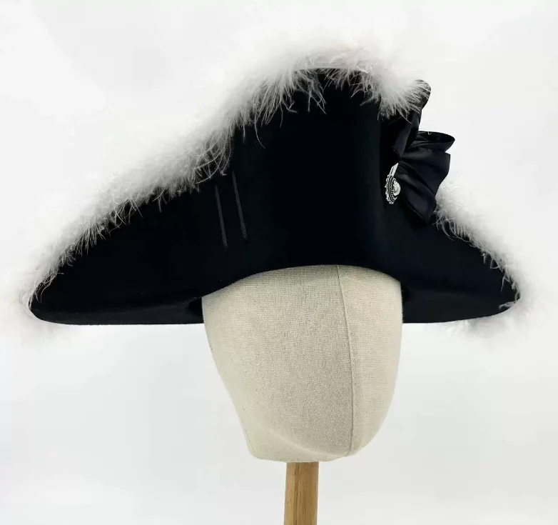 

18th Century German Tricorne Hat Men Black Cocked Cap Vintage cocked Fluffy