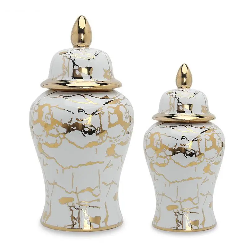 Gold Plated Marble Texture Ceramic Storage Jars Ginger Jar Desk Decoration Flower Arrangement Jewelry Box Cosmetic Containers