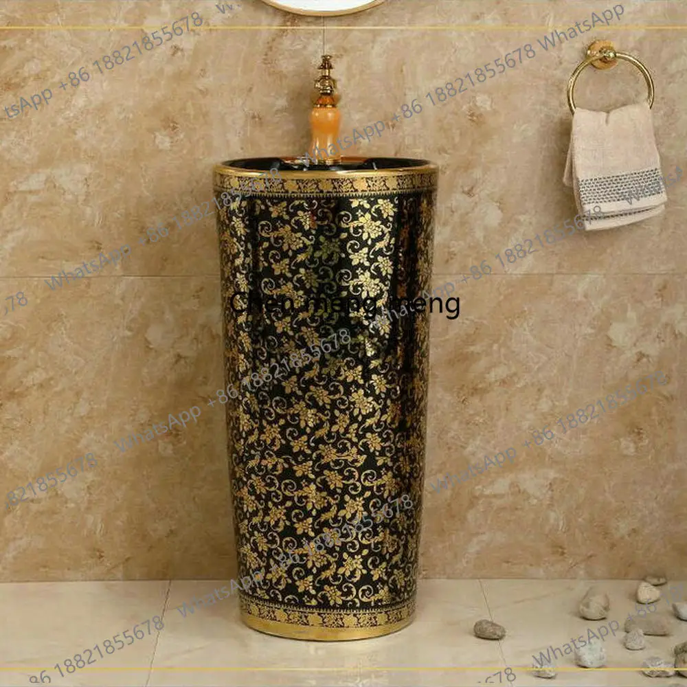 Pedestal Sink  Black Ceramic Bathroom Sink With Stand Pillar Wash Basin With Overflow Artistic Pedistal Sink