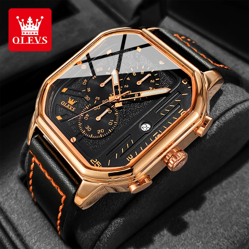 OLEVS 9950 Orologio da uomo Moda cinturino in pelle originale Cronografo Orologio al quarzo quadrato Orologi sportivi luminosi impermeabili per uomo