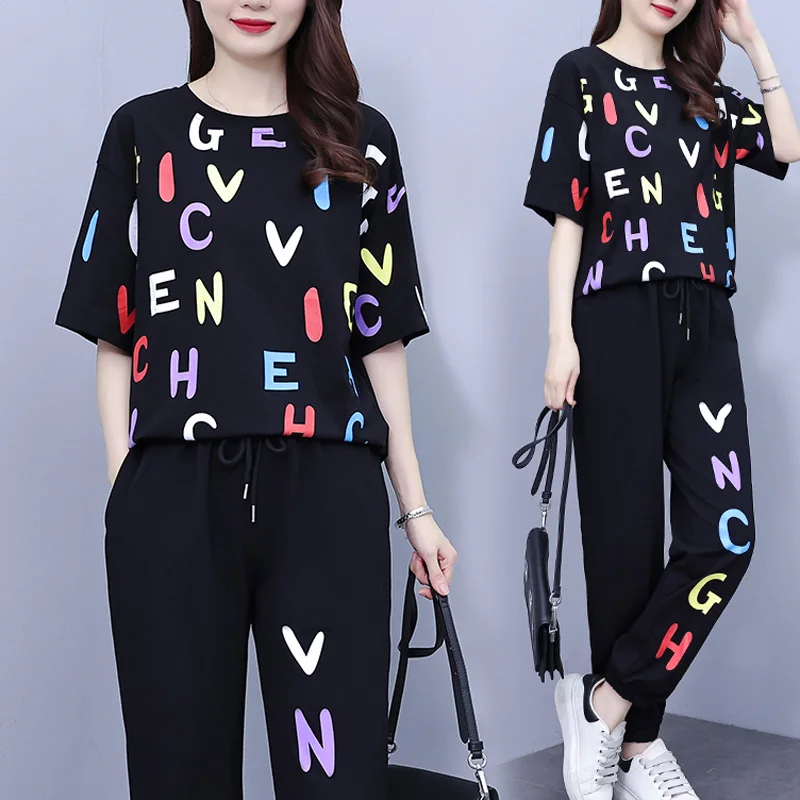 

Summer Plus Size Two Piece Set For Women Casual Round Neck Short Sleeve Tops And Harlan Pants Cotton Black Fashion Print Clothes