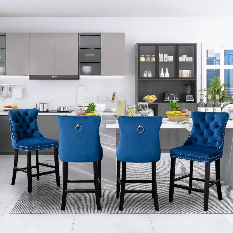 Modern Velvet Upholstered Bar Stools Set of 4 with Wood Legs Button Tufted Counterstool Seat Armless Bar Chairs (Blue)