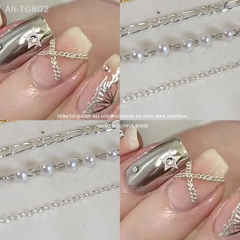 سلاسل أظافر ثلاثية الأبعاد بطول 60 سم بتصميم بانك من السبائك، ذهبية وفضية مع خرز حجري، زينة للأظافر لتزيين فن الأظافر