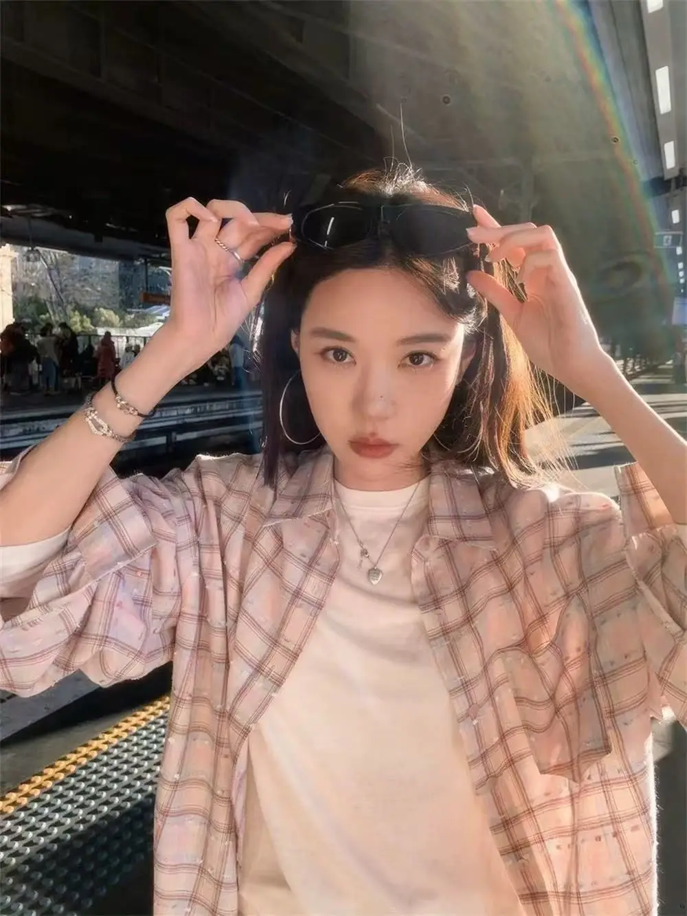Summer Pink Plaid Shirts For Women 2025 New Long Sleeve Sun-protective Shirt Casual Ladies Clothes Tops Lazy Style Loose Shirts