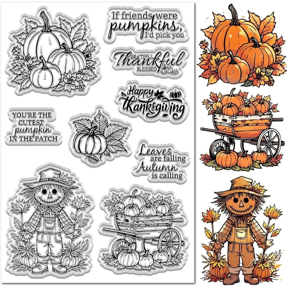 

Thanksgiving Fall Pumpkin Clear Rubber Stamps Reusable Autumn Scarecrow Greeting Words Transparent Sea