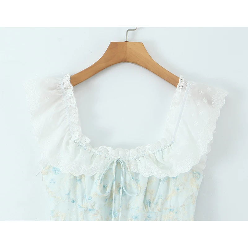 YENKYE Süßes Mädchen Spitze Gespleißt Blumendruck Tank Sommerkleid Frauen Niedrige Taille Rüschensaum A-Linie Minikleid Hübsche Dame Sommerkleid