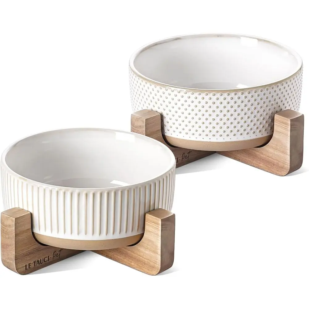 

Ceic Dog Bowls or Medium Small Dogs - 4 Cup Medium Dog ood and Water Bowls with Wood Stand, Cute Pet Dishes Set o 2, Lines+Dot