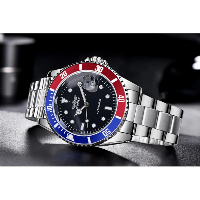 WINNER 002 Reloj mecánico automático informal para hombre, reloj de pulsera luminoso resistente al agua con correa de acero inoxidable, relojes con calendario para hombre