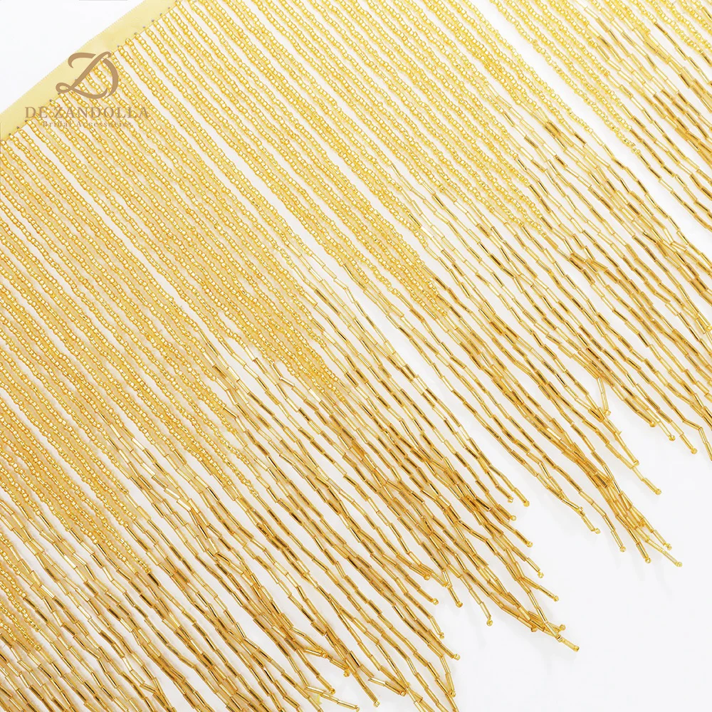 Gold Silve Handmade Beads Tassel Fring   Width 28cm luxury Satin Crystal Lace Trim Latin Fashions Dress  Accessories By 5 Yards