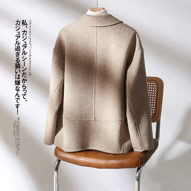 2023 new camel wool short Korean version double-sided cashmere coat small women's clothing thousand bird grid woolen coat