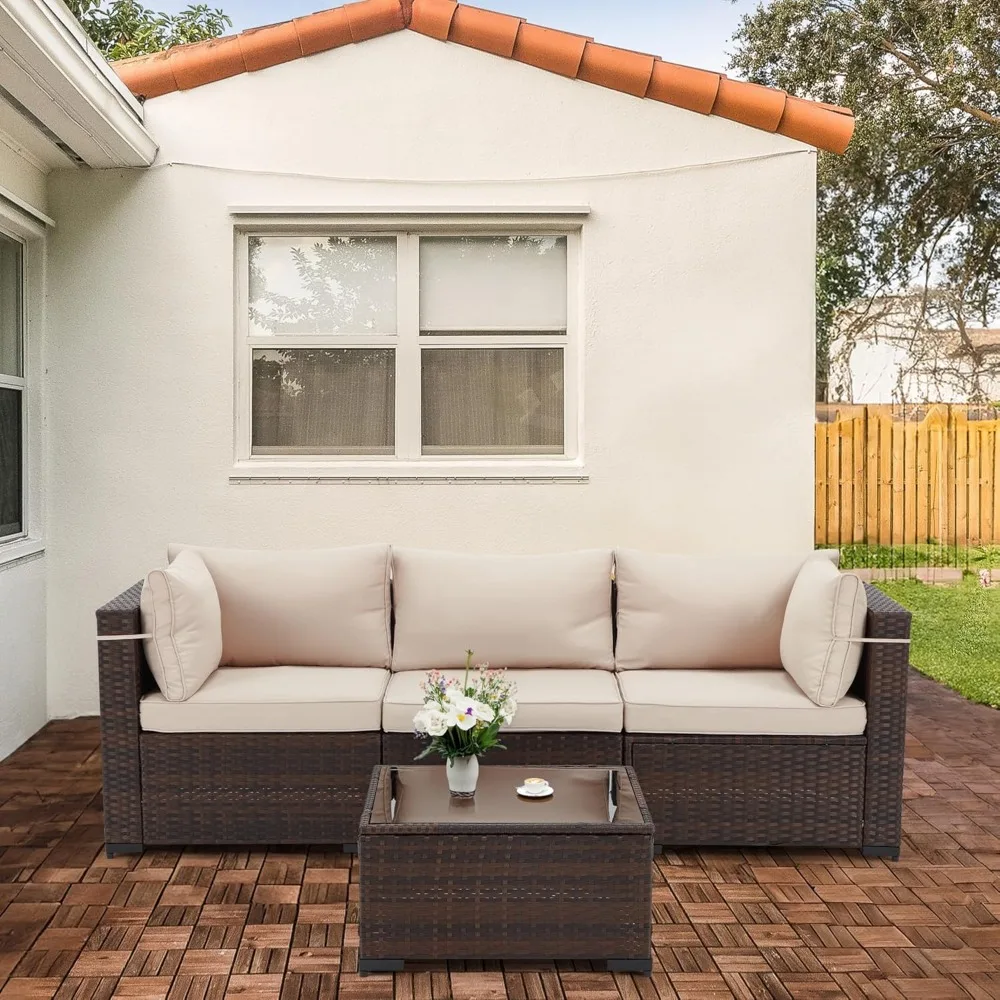 4-Piece Patio Conversation Set, All- Weather Wicker Patio Couch with Tempered Glass Table, Waterproof Cushions with Straps, Out