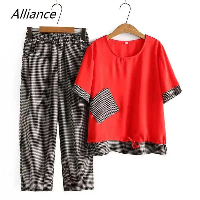 

Summer Women's Pants Suit Rural Style Splicing Short Sleeve Elastic Pants Two Piece Set Women Clothing 2023 Cotton Linen Suit