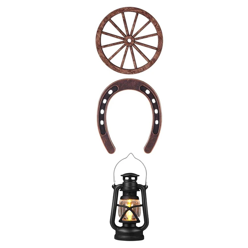 24Pcs Western Theme Partydecorations Cowboy Table Centerpieces Lucky Horseshoe Mini Lanterns Wooden Four Wheel Crafts