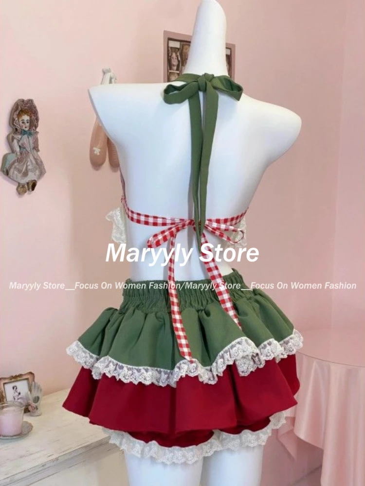 Summer Japanese Sweet Lolita 2 Piece Set Women Kawaii Bow Lace Halter Neck Crop Tops Mini Cake Skirts Female Beach Outfits New