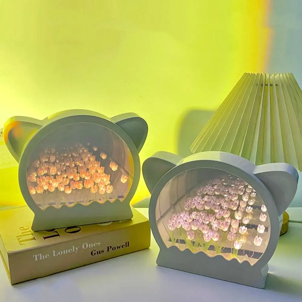 Espejo de tulipán de cabeza de gato de flor simuladora artesanal, luz nocturna LED tridimensional hecha a mano, lámpara de mesita de noche creativa