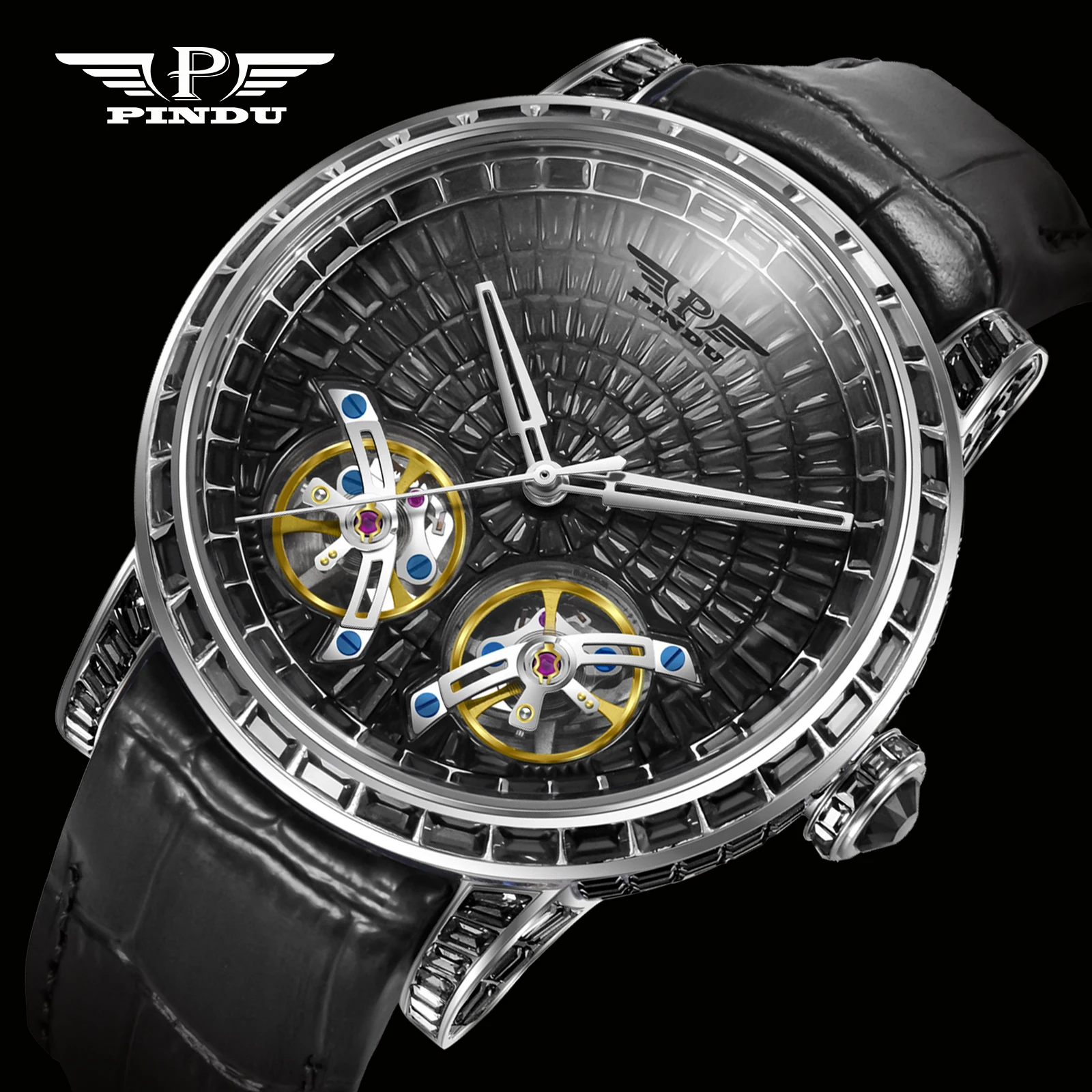 PINDU Brand Design New Diamond Mechanical Watch Men Top Luxury Double Flying Wheel Watch Sapphire Glass Waterproof Watch Leather