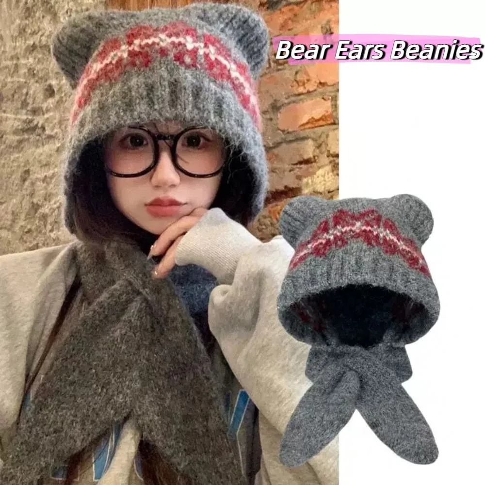

Fair Isle Style Jacquard Knitted Hat Fleece-lined Printed Printing Knit Cap Ethnic Style Retro Knitted Hat Scarf Set Autumn