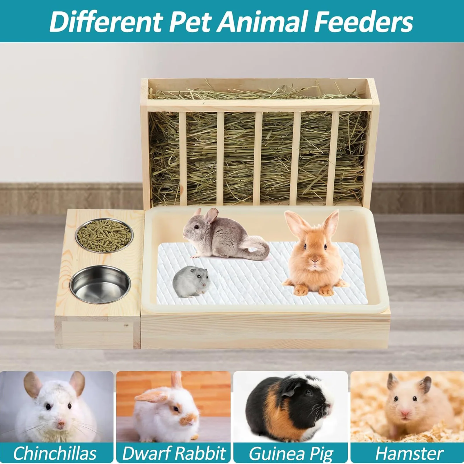 3-in-1 Rabbit Hay Feeder with Litter Box and Bowl Wooden Rabbit Hay Feeder Guinea Pig Hay Rack for Rabbit Dwarf Hamster