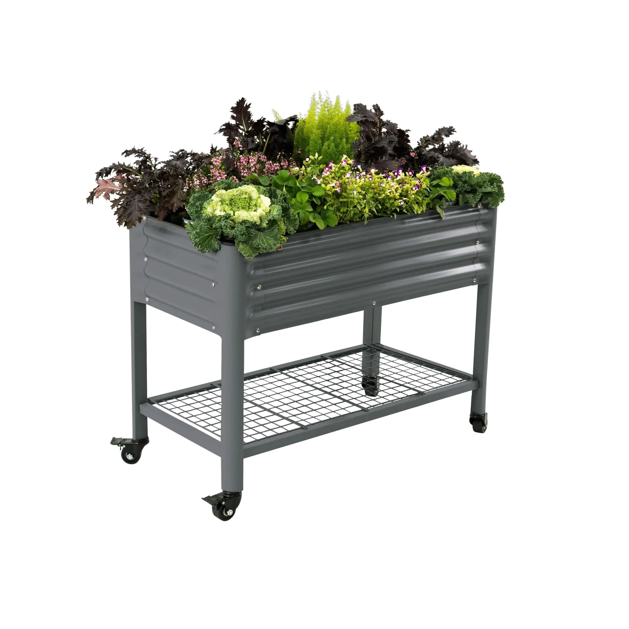 Rolling Elevated Raised Garden Bed, 2' x 4' Outdoor Planters Boxes with Legs & Storage Rack for Patio, 700 Lbs Weight
