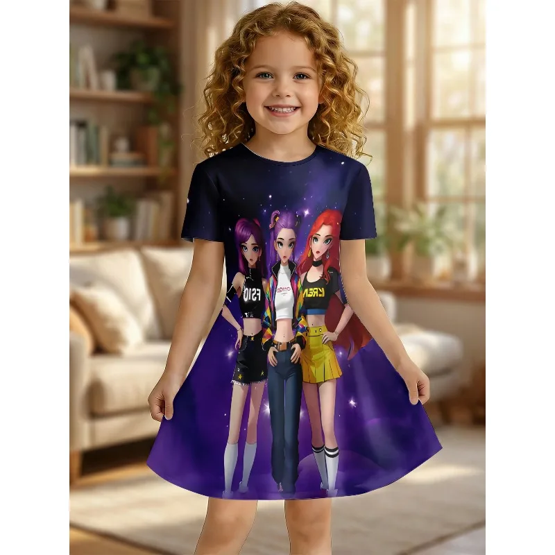 Girl Anime Girl Group Printed T-shirt Dress, K-Pop Fan Children's Purple Galaxy Casual Dress Suitable for Birthday Gifts