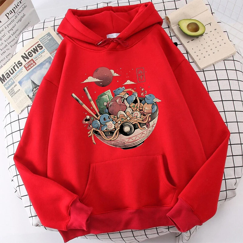 Hoodie de pelúcia impresso Pokémon feminino, suéter esportivo vermelho, top solto