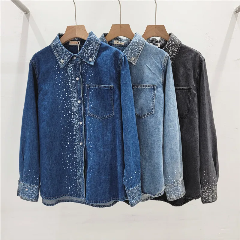

Women Denim Shirt Coat Vintage Overshirt Diamonds Turn Down Collar Single Breasted Pockets Jacket Streetwear 2025 Top Blouse