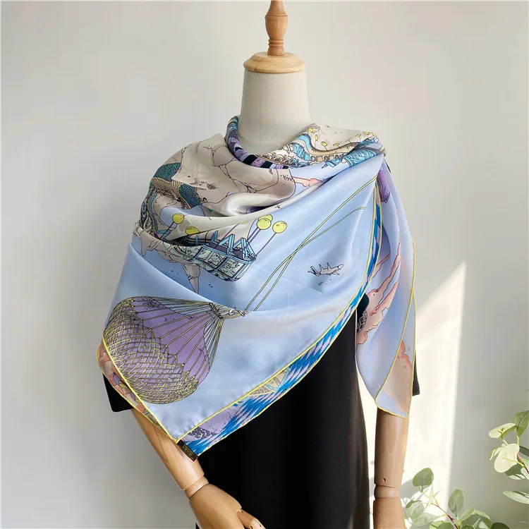 Blue Horse Mulberry Silk Scarfs for Women Luxury Designer Soft Shawls Large Bandanas Accessories Belt Hair Neck Accessories