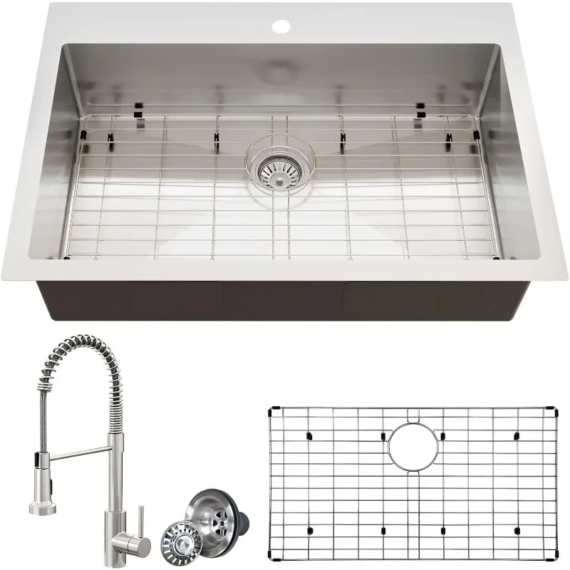 33x22 Drop-In/Undermount Kitchen Sink, Single Bowl Kitchen Sink with Pull Down Faucet, 18-Gauge T-304 Stainless Steel Kitchen