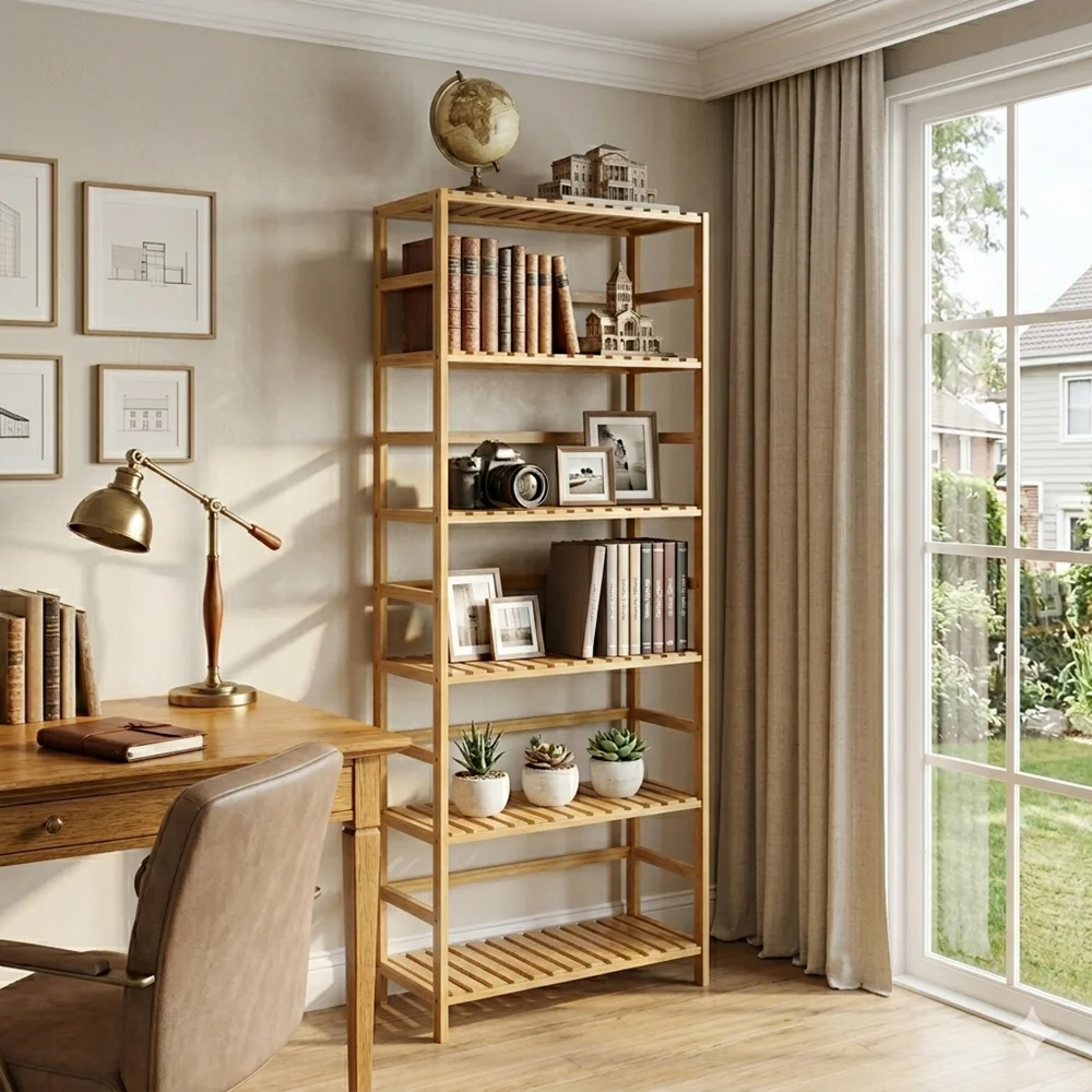Adjustable 6-Tier Bamboo Bookshelf Free Standing Shelving Rack for Home Office Storage Organization