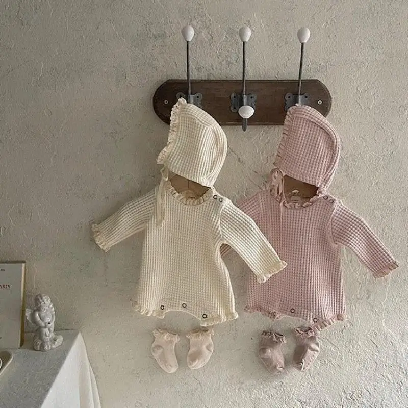 

2026 Spring New Baby Long Sleeve Waffle Bodysuit + Hat Toddler Girl Solid Cute Lace Jumpsuit Fashion Casual Infant Clothes 0-24M