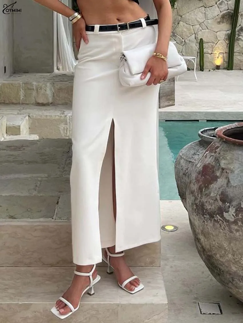 Oymimi Fashion White Simple Women's Skirt Elegant Mid Waisted Slit Straight Skirts Casual New Solid Ankle-Length Skirts Female