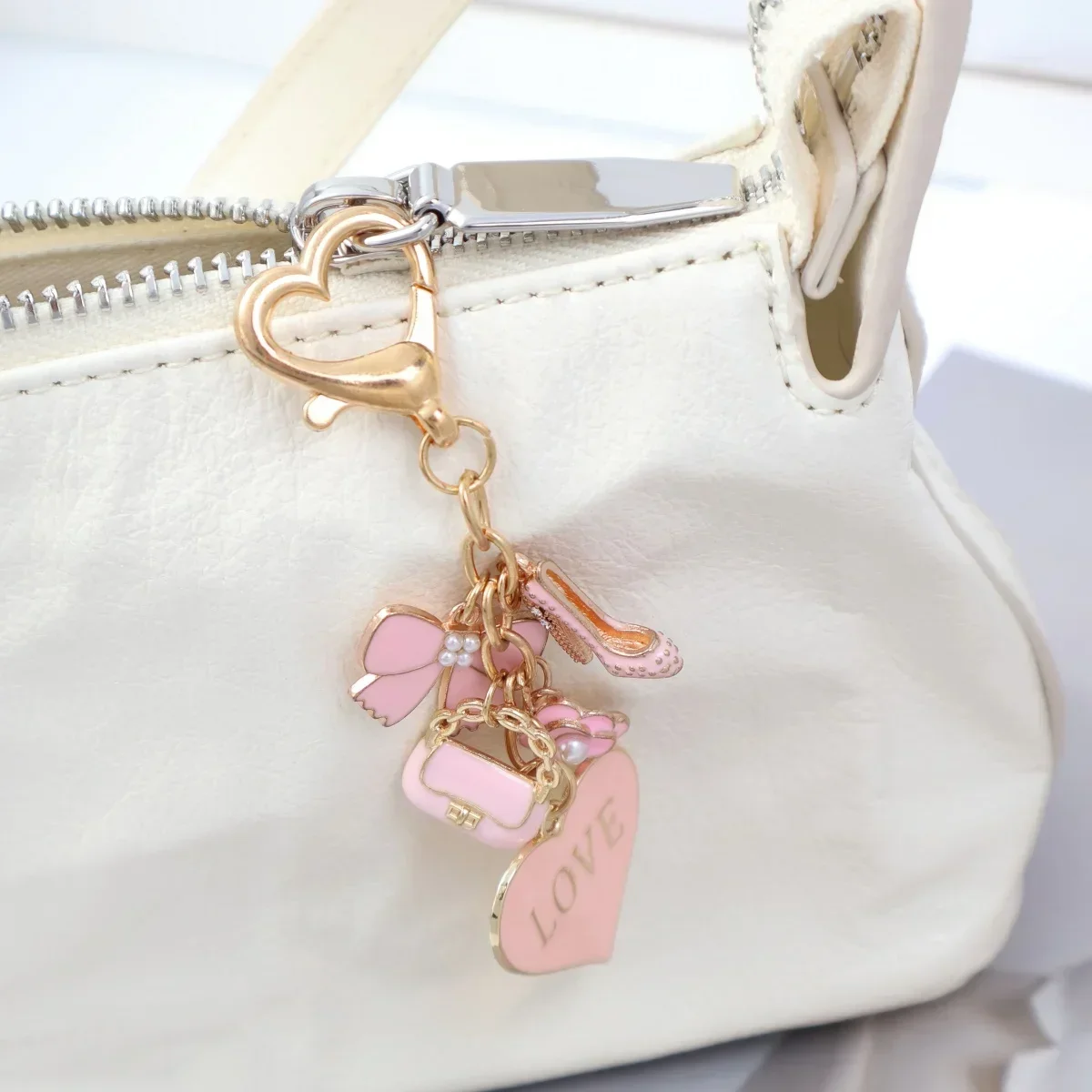 Cute Pink Girly Keychain Heart Enamel Charms Bow Flower High Heel Handbag LOVE Heart Pendant Bag Accessory Gift For Women