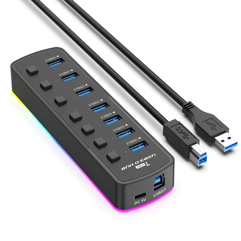 7 IN 1 RGB Desktop USB HUB USB3 0 Adapter Splitters USB3.0 Docking Station with Control Switches USB Charging Dock QXNF