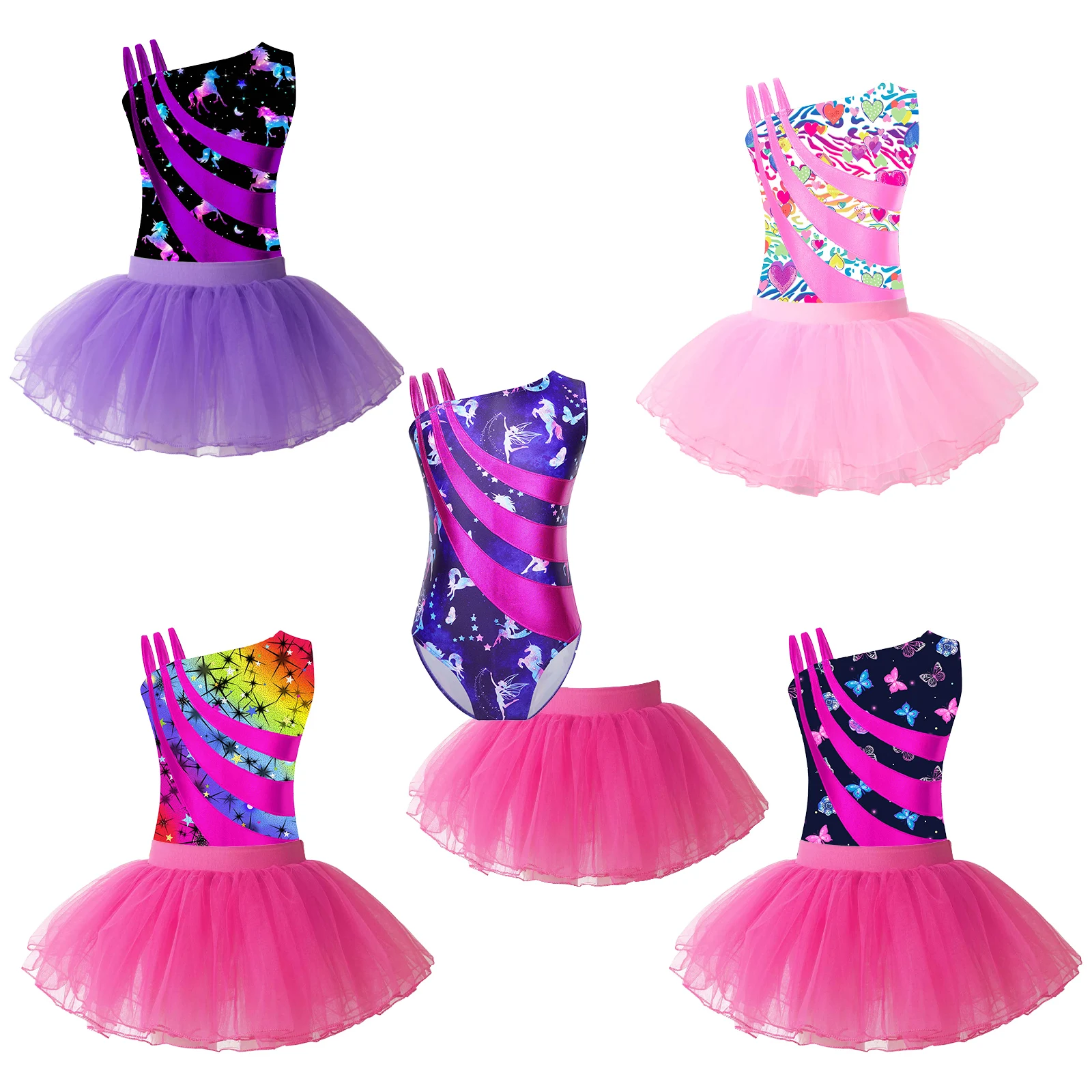 Crianças meninas sem mangas imprimir ballet tutu vestido ginástica collant + shorts patinação macacão conjuntos de dança crianças roupas