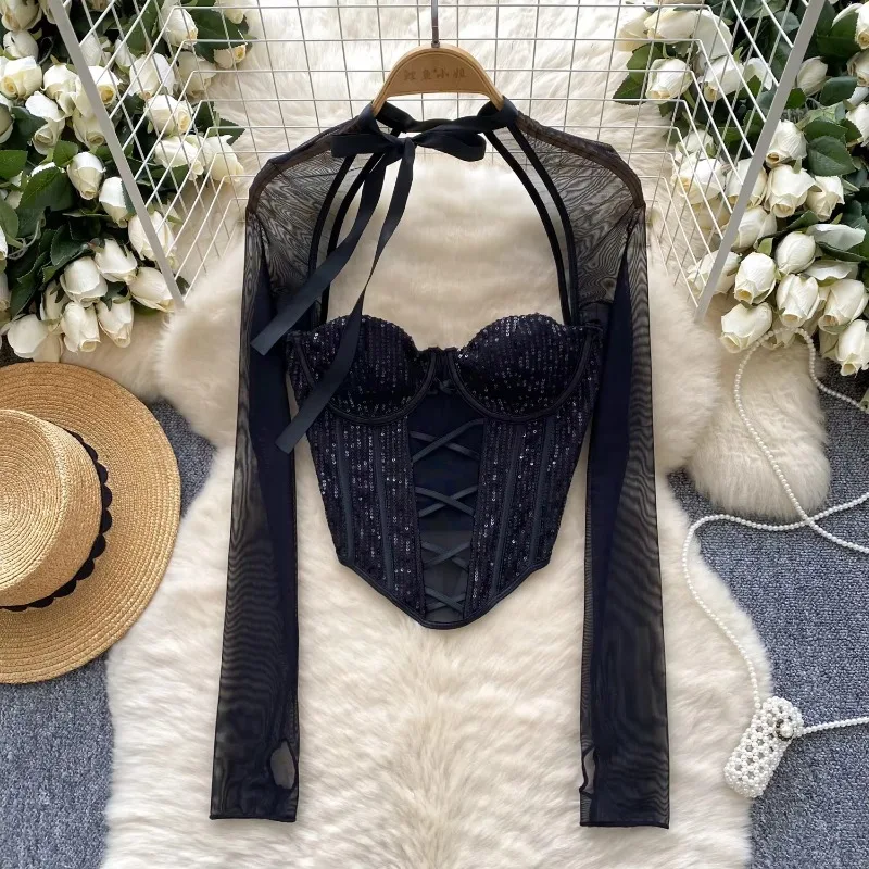 

Basics Mesh Long Sleeves Sexy Hollow Out Square Collar Chic Fashion Sequin Slim Top Streetwear High Street Autumn Women T-Shirts