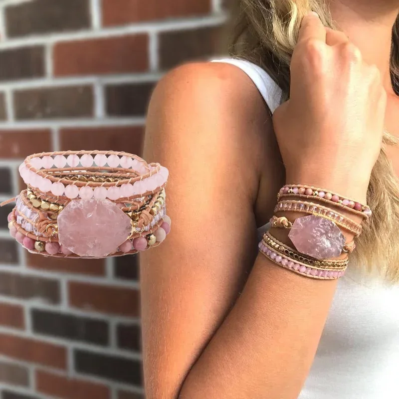 Natural Crystal Stone Bracelet Pink Quartz Leather Wrap Bracelets for Women Rose Gems Crystal Beads Bohemia Jewelry 5 Strand